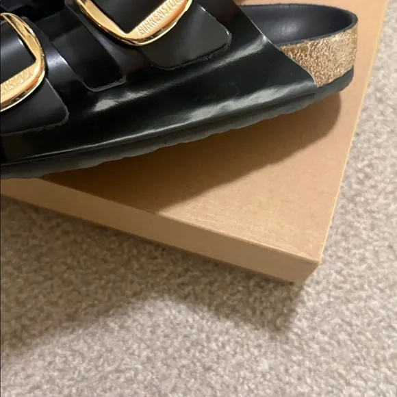 Black Big Buckle Shiny Birkenstock Sandals with Gold Buckles - Picture 4 of 5
